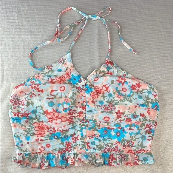 American Eagle Floral Cinch Front Cropped Halter Tank Top Pastel Y2K Smock S - Picture 11 of 11